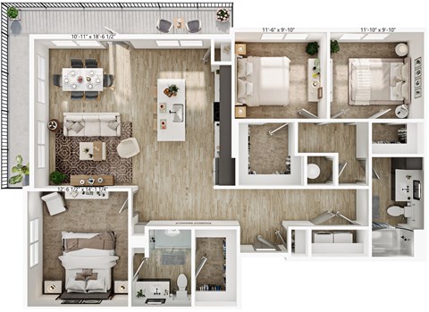 Floor plan for 3 beds, 2 baths, 1441 sqft